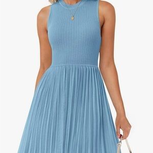 Blue Pleated Ribbed Dress